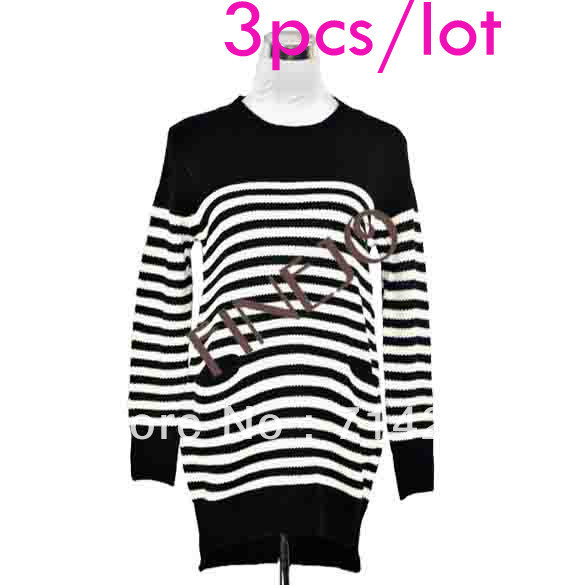 3pcs/lot New Fashion Style women's Stripe Black Pocket Leisure Wool Sweater Top Free shipping 6583