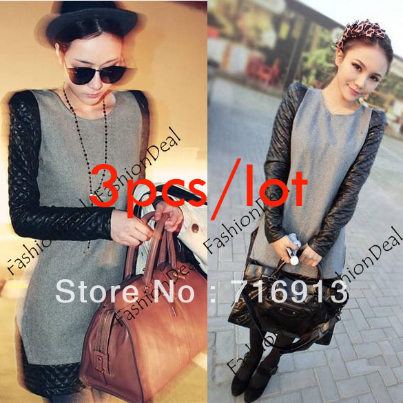 3pcs/lot New Fashion Women's Splicing synthetic leather Long Sleeve Worsted Mini Dress Gray Free Shipping 8780