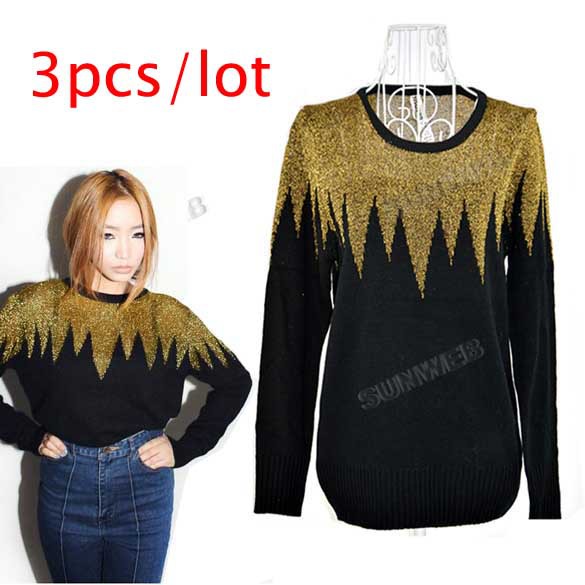 3pcs/lot New Women Gold Thread Splicing Tops Knitting wool knitted Sweater Vintage Style Black free shipping 8433