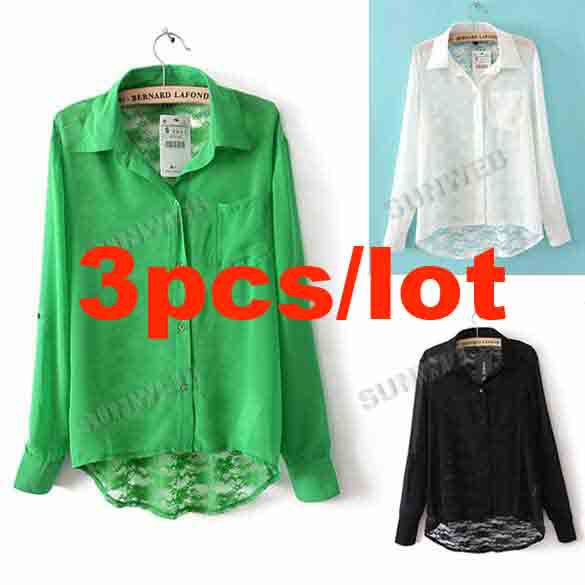 3Pcs/lot Women's Europe Style Splicing Long Sleeves Chiffon Lace Blouse Top 3 Colors S,M,L Free shipping 9431