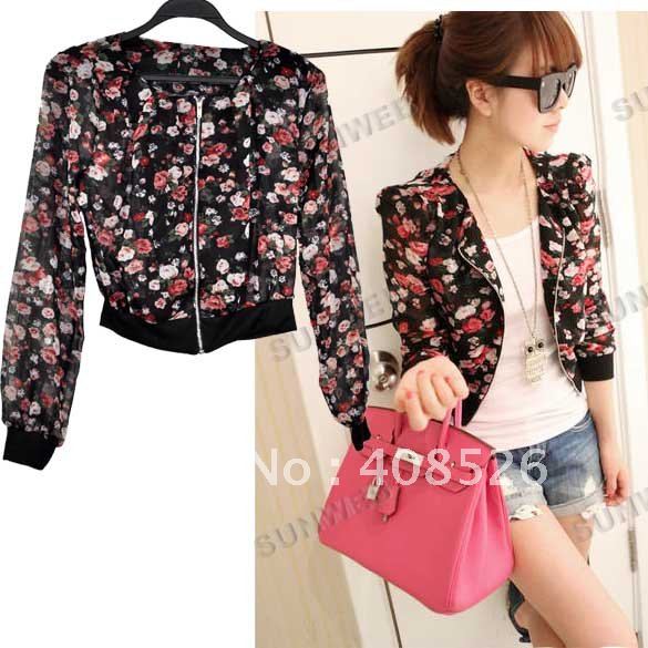 3PCS/LOT Women's Fashion Long Sleeve Floral Print Shrug Short Jacket Chiffon Top 3 Colors 7339