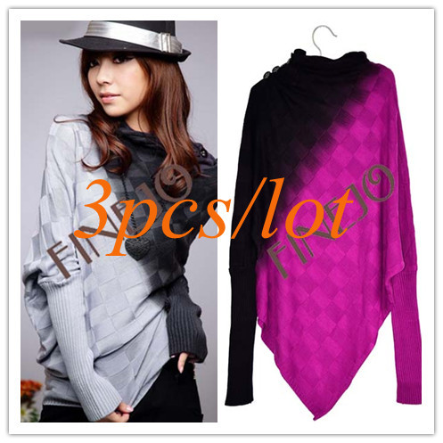 3PCS/LOT Women's Irregular Long Sleeve Batwing Sweater Jumper Knitwear Tops Casual Gray/Rose Red free shipping 7825