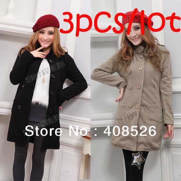 3pcs/lot Women's Korea Sweet Long Sleeve Double-breasted Slim Fit Mid-length Trench Coat 3 colors free shipping 7965