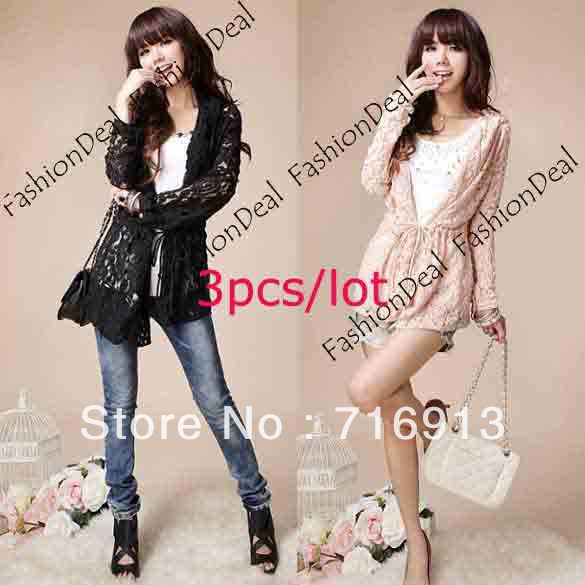 3Pcs/lot Women's Leisure Lace Long Sleeve Tie Decorated Mid-length Hood Coat Top Blouse Black, Pink free shipping7962