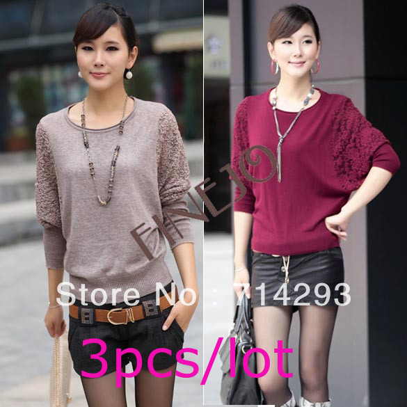 3pcs/lot Women's Long Sleeve Lace Batwing Sleeve Casual O-Neck Knitting Sweater shirt  free shippping 7840