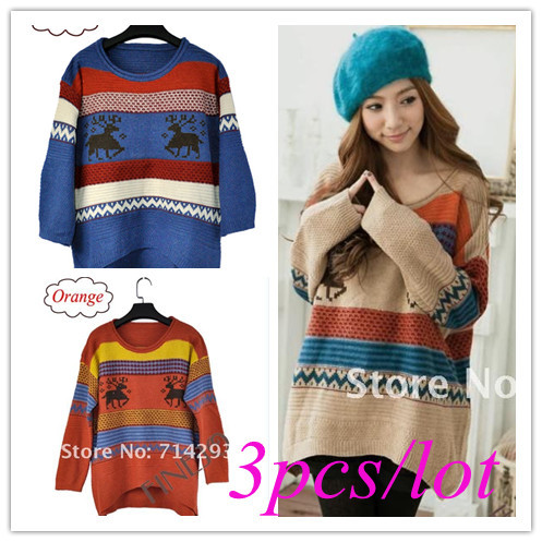 3pcs/lot Women's Loose Sweaters Jumpers Top Deer Pattern Pullover Knitwear free shipping 7563