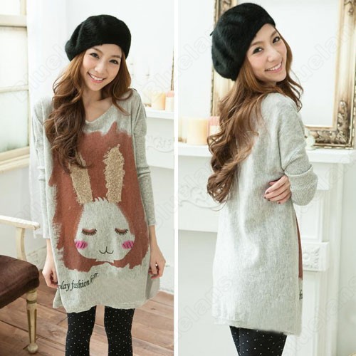 3pcs/lot Women Sweater Sweet  Rabbit Pattern Front Print Loose Long Sleeve Round Neck Sweater Knittingwear Lady Outerwear 33280