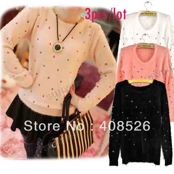 3Pcs/lot2013 New Casual Women's Long Sleeve Round Neck Loose Sweater Embroidery Plush Fluffy Sweater 3 colors free shipping 9353
