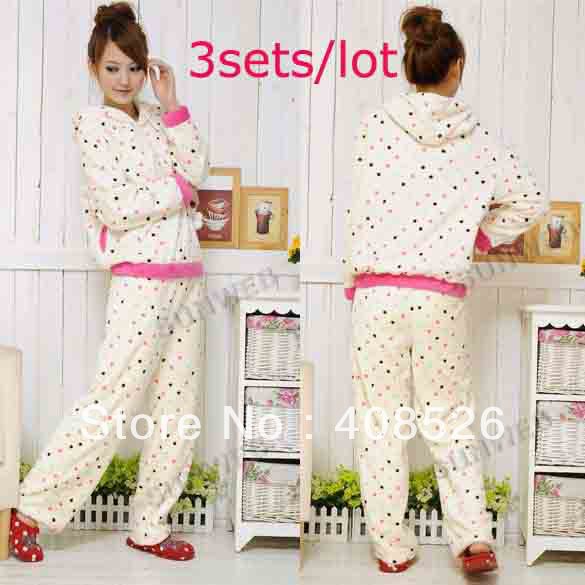 3sets/lot Cute Winter Coral Fleece Women's Pajamas Sleepwear sets Dots Pattern Hoodied Sleep Clothes 2 Sizes free shipping 9280
