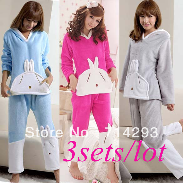 3sets/lot Women Cute Winter Thicken Long Sleeve Cartoon Rabbit Hooded Coral Fleece Pajamas Sleepwear Set free shipping 9277