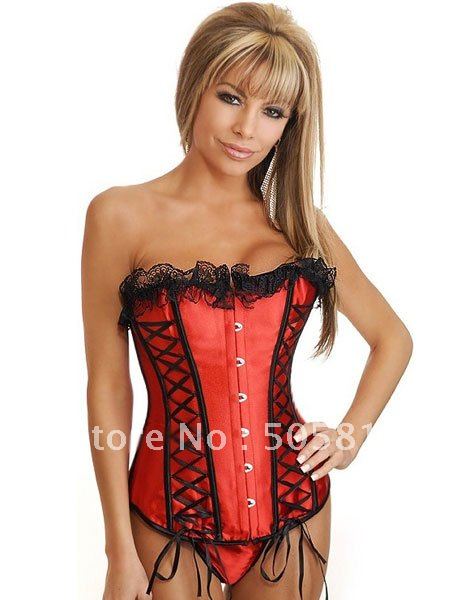 4 assorted colors! Red pink black purple Sexy lace ribbon shaper Women satin corset dress G-string S~XXL free shipping QM2106