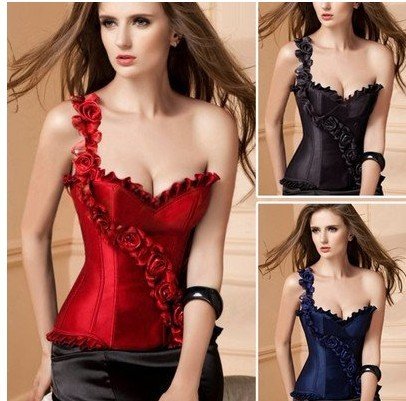 4 colors NEW Sexy one shoulder corset with G-string Ladies lift up bustier shaper with rose flower black white red blue CJ839