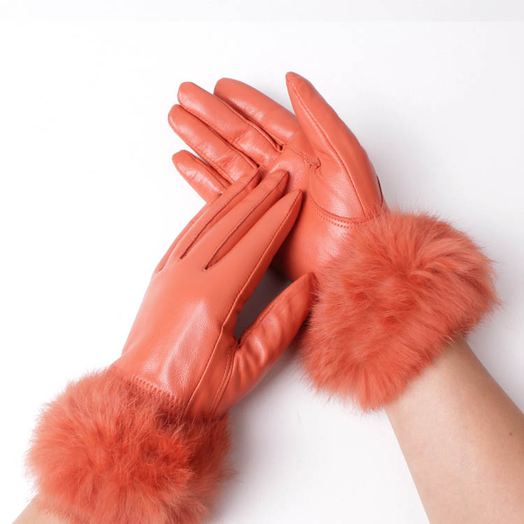 4 Colors Top Grade Sheepshin Genuine Leather/Rabbit Fur Decoration Elegant Style Women's/Female Thermal Gloves Free Shipping ST3