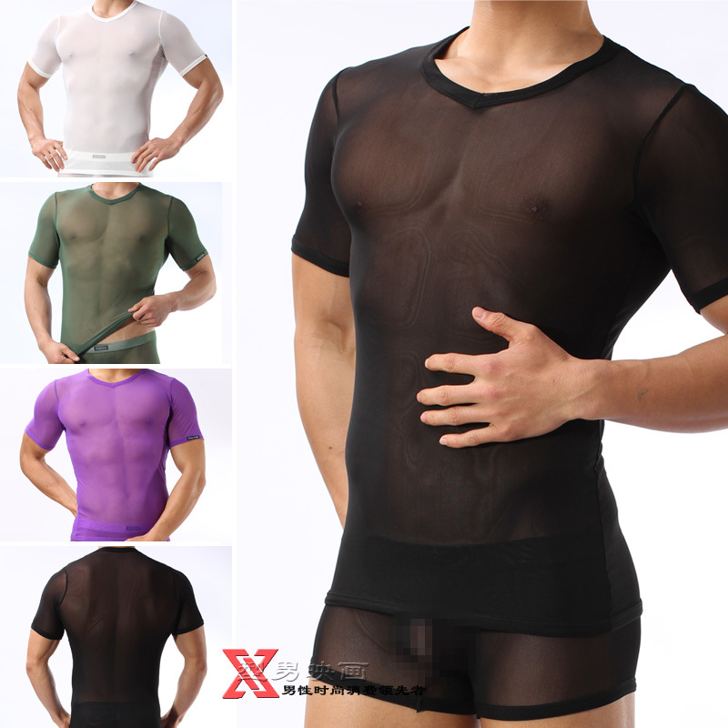 4 gauze transparent male t-shirt sexy fashion short-sleeve slim singlet basic shirt jersey