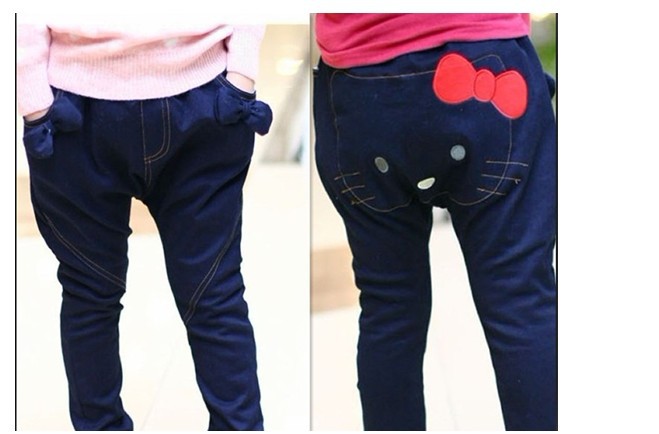 4 pcs/lot  Hello Kitty Kids Pants jeans Denim trousers girl's bow cat cartoon Harem pant jean Pantaloon (4y-9y) free shipping