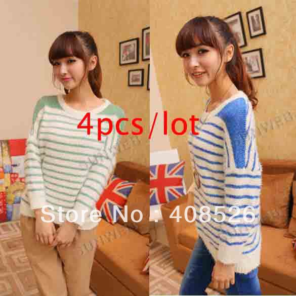 4 Pcs/lot women's Fashion Cute Knit wool Sweaters Stripe Loose Pullover Long batwing Sweater Tops free shipping 9166