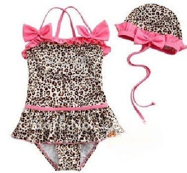 4 sets/lot beach wear baby one pieces bikini swimsuit girl swimwear Leopard grain bikini+ swim hat