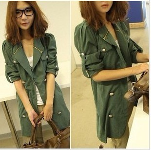 4001 women's military metal zipper slim double breasted trench thin outerwear green trench