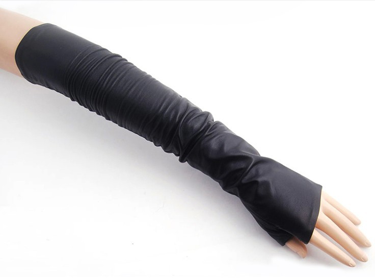 40cm genuine leather  fingerless black gloves  free shipping ruffle mittens party accessory