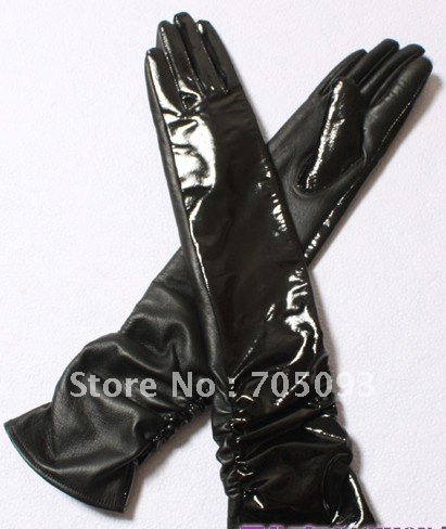 40cm long shiny genuine leather lady black gloves S/M/L/XL free shipping wholesale from factory gift