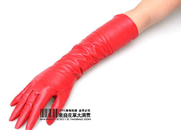 40cm real leather long red gloves ruffle free shipping hot sale lady's gift for show