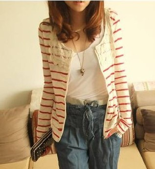 411 vintage lace print stripe crochet cardigan short jacket