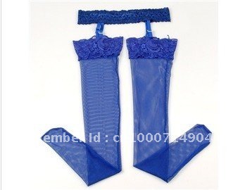 428 Lady Sexy Fishnet Lace Top Thigh-Highs Velvet Stockings Hosiery with Slings (BIUE)