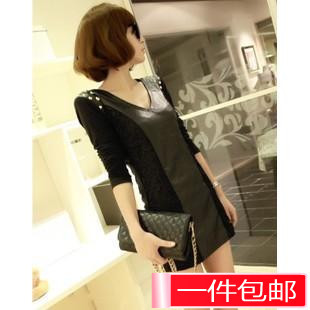 453 fashion slim punk lace patchwork rivet long-sleeve leather one-piece dress