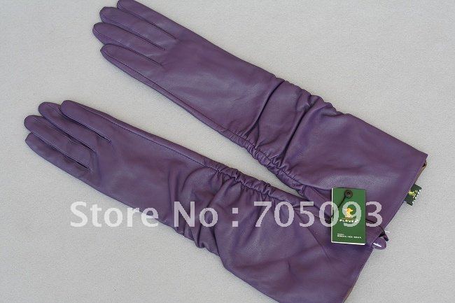 45cm long genuine leather gloves purple ruffle free shipping customerized gift