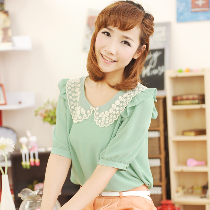 46.8 u3-3 lace beading peter pan collar short-sleeve ruffle chiffon shirt