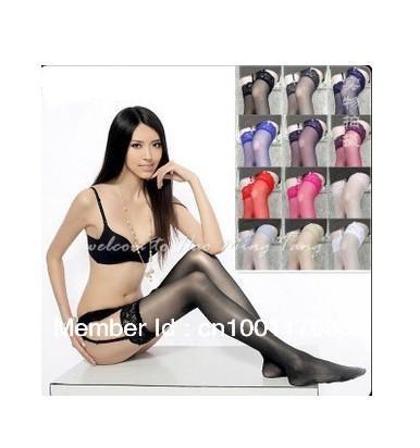 4color Sexy lingerie Stockings Top 8CM Silicone Lace Sheer Thigh High + Garter