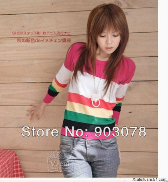 4colors Fashion O-Neck knitted sweater women pullover long Full sleeve Striped sweaters + Free shipping