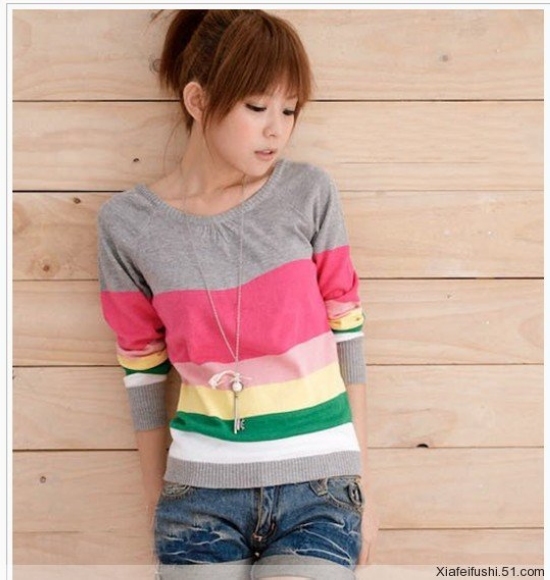 4colors Fashion Spring O-Neck knitted tops for women pullover long Full sleeve Striped sweaters + Free shipping