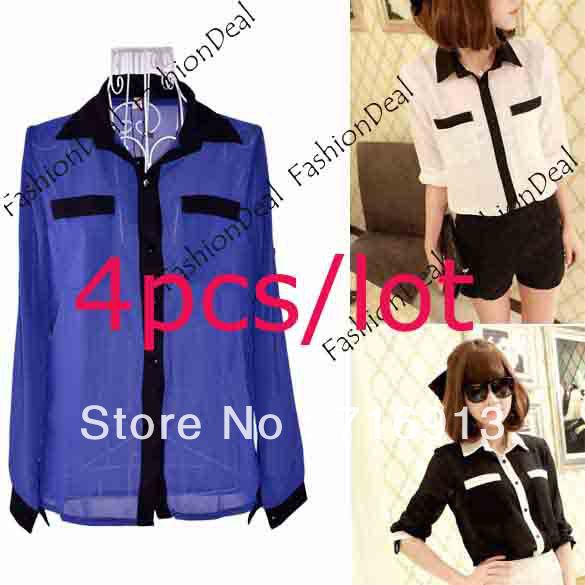 4Pcs/lot 2013 Casual Women T-Shirt Pan Collar Long Sleeve Shirt Chiffon Blouse Top Black White Blue Free shipping 9174