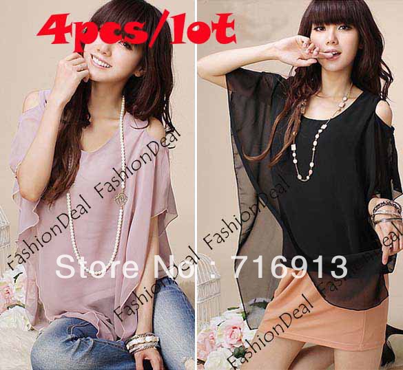4pcs/lot 2013 New Fashion Charming Women Off-shoulder Splicing Chiffon Shirts Tops Blouse 2 Colors Free Shipping 11076