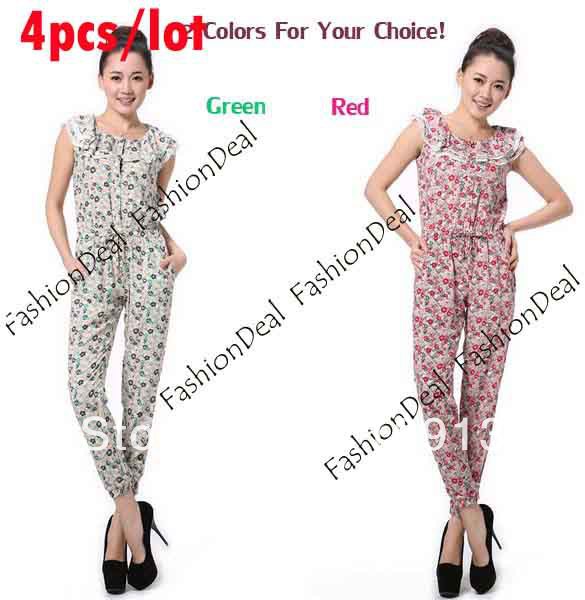 4pcs/lot 2013 New Fashion Elegant Women's Button Romper Sleeveless Flower Print Jumpsuit S M L Free Shipping 11228