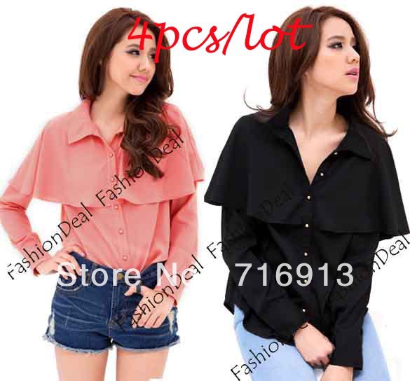 4pcs/lot 2013 New Fashion Korea Women New Style Wave Mantle Shape Cotton Shirts Blouse Tops 2 Colors Free Shipping 10134