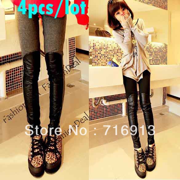 4pcs/lot 2013 New Fashion Korea Women's Knee Synthetic Stitching Casual Render Pants Leather Tight Leggings Free Shipping 10196