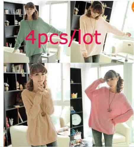 4Pcs/lot 2013 New Ladies Round Neck Wool Knitted Pullover Jumper Casual Long Batwing Loose Sweater 4Colors Free shipping 9391