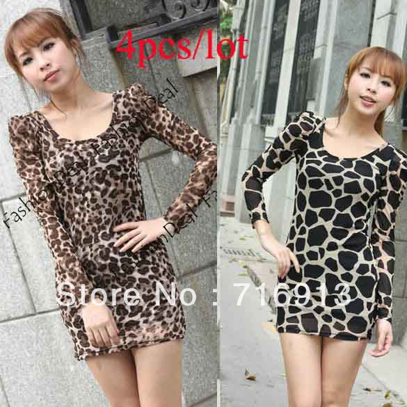 4pcs/lot 2013 New Women's Sexy Long Sleeve Package Hip Leopard Deer Patterns Bottoming Print Dress Free Shipping 10021