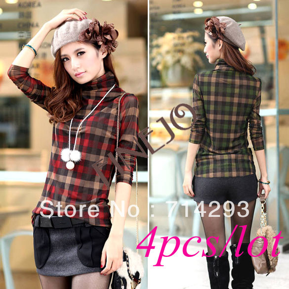 4PCS/LOT 2013 New Women Slim Fit High-Neck Heap Turtleneck Plaid Bottoming Shirt  2 Colors free shipping 8051