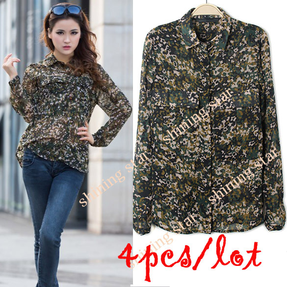 4pcs/lot Camouflage Print Women's Blouse Two Big Pocket Lady Casual Chiffon Shirt Hot Sale S 11118