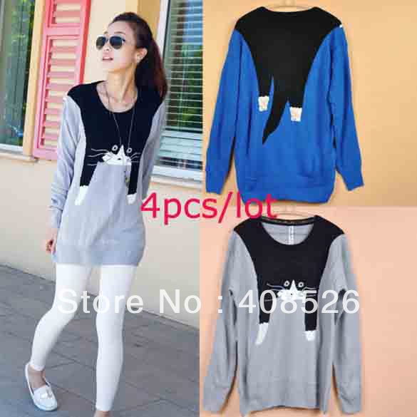 4Pcs/lot Casual Fashion Women's Long Sleeve Round Neck Cat Pattern Blouse Knitted Sweater Coat 3 Colors free shipping 7989