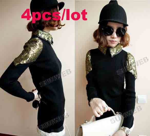 4pcs/lot Casual Women Long Sleeves Shirts Knitted Wool Lapel Render Tops Blouse Black free shipping 8500
