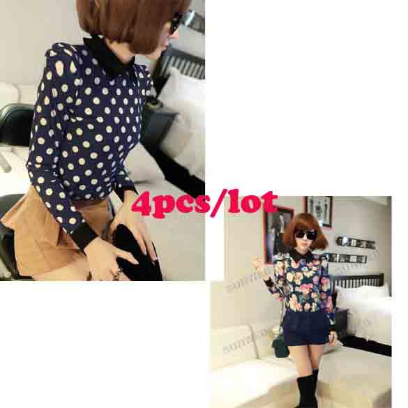 4pcs/lot Casual Women's Blouse Cotton Collar Polka Dot/Flowers Long Sleeve shirt Tops free shipping 10136