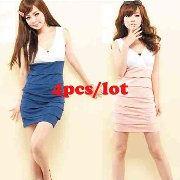 4pcs/lot Casual Women's Dress Cotton Deep V-neck Sleeveless Wide Straps Ruched Mini Dress free shipping 10245
