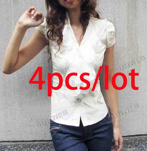 4pcs/lot Casual Women's OL Blouse Slim Stand-up Collar Button-Up Short Sleeve Shirt Top White free shipping 9804