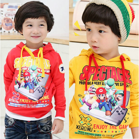 4pcs/lot  clothing child Mario brothers fleece sweatshirt  boy's yellow cap sweatshirt   girl's sweatshirt