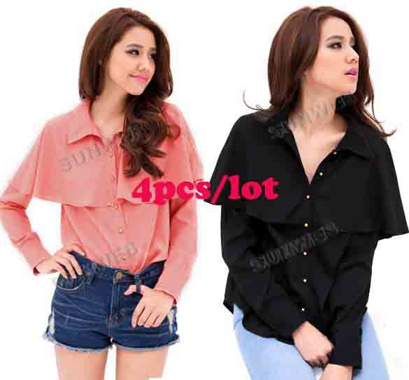 4pcs/lot Cotton Women's Shirt New Style Wave Mantle Shape Long Sleeve Blouse Shirts Tops Black, Pink free shipping 10134