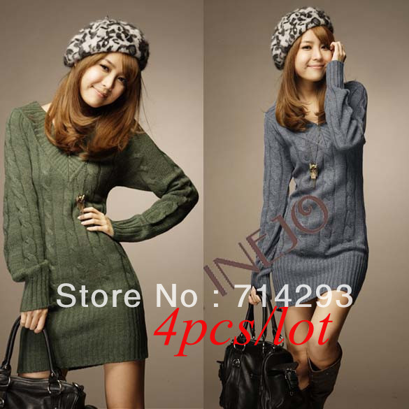 4pcs/lot Fashion Casual Women's V Neck +Long Sleeve +Mini Sweater Dress Pullover Tops Free shipping 9201